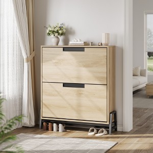 Shoe Storage Cabinet with 2 Flip Drawers and Metal Legs, Adjustable Shelf Narrow Shoe Rack Cabinet - 1 of 4