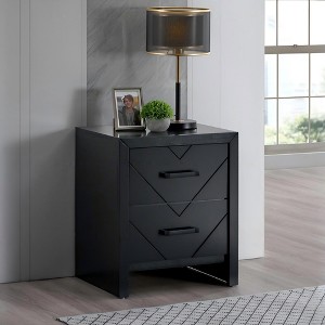 ORRD 2-Drawer Nightstand, Fully Assembled Black Bedside Table with V-Shape Embossed Drawers & Black Handles - 1 of 4