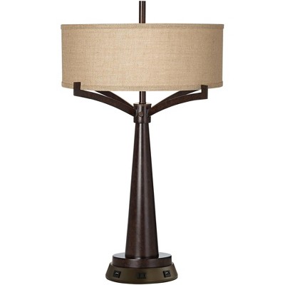 Franklin Iron Works Mid-Century Modern Table Lamp with USB and AC Power Outlet Workstation Charging Base 31.5" Tall Bronze Living Room Bedroom