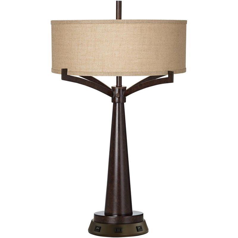 Franklin Iron Works Rustic Farmhouse Table Lamp 31 1/2" Tall with USB Power Outlets in Base Bronze Burlap Drum Shade for Bedroom Living Room Bedside, 1 of 10