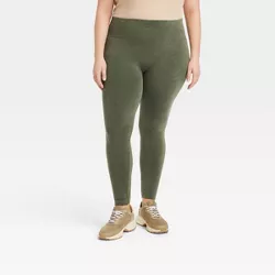 Women's Plus Size High-Waist Cotton Seamless Fleece Lined Leggings - A New Day™ Heather Olive 2X