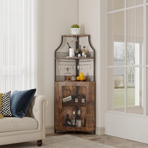 Corner Bar Cabinet, 61" Farmhouse Wine Rack with LED Light, Detachable 5-Tier Industrial Cabinet with Glass Holder & Adjustable Shelves-Brown - 1 of 4