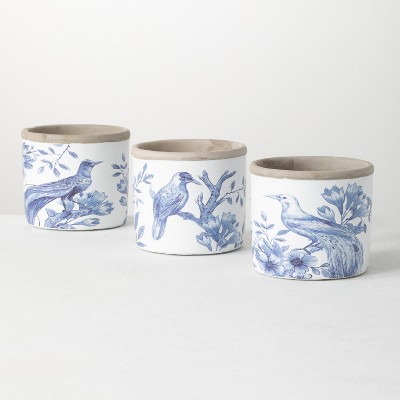 Sullivans Set of 3 Cement Bird Pattern Container Vase 5"H, 5"H & 5"H Blue and White