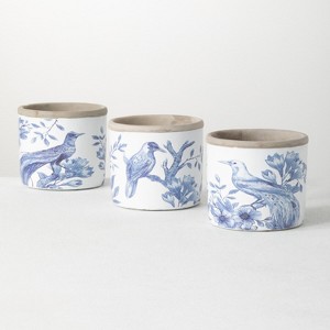 Sullivans Set of 3 Cement Bird Pattern Container Vase 5"H, 5"H & 5"H Blue and White - 1 of 3