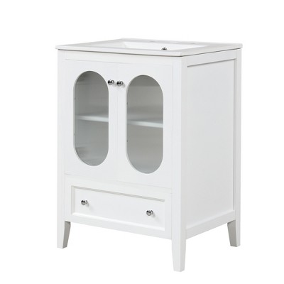 ChicFurnit Bathroom Vanities 24 Inch Vanity Cabinet with Drawer and Moru Glass for Elegant Bathroom, White, 24"*18.3"*33.9"