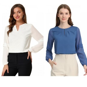 Allegra K Women's Chiffon Semi Sheer Keyhole Neck Elegant Work Blouse 2 Packs - 1 of 4