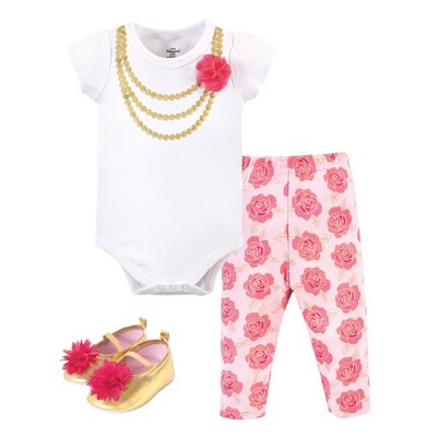 Little Treasure Baby Girl Cotton Bodysuit Pant And Shoe 3pc Set Dk Pink Gold Rose Target