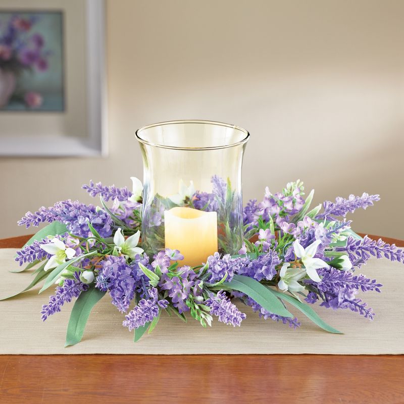 Collections Etc Lavender Wreath Glass Hurricane Arrangement 13 X 13 X 6, 2 of 3