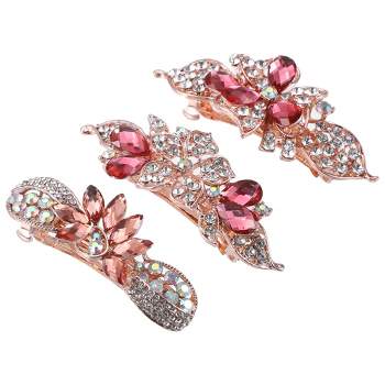 Unique Bargains 3 Pcs Hair Clips Hair Accessories for Women Hair Barrettes Sparkly Rhinestones Hairpin Pink