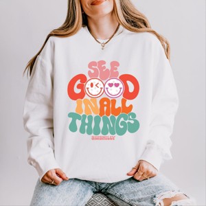 Simply Sage Market S.W.Smiley See Good In All Things Smiley Face Lightweight Garment Dyed Sweatshirt - 1 of 4