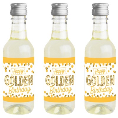 Big Dot of Happiness Golden Birthday - Mini Wine and Champagne Bottle Label Stickers - Happy Birthday Party Favor Gift for Women and Men - Set of 16