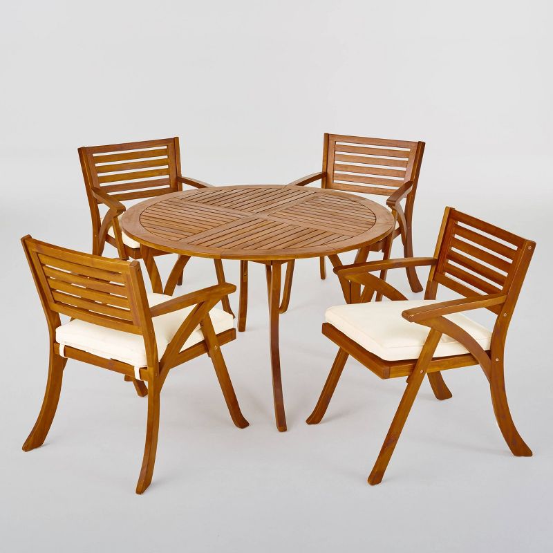 Hermosa 5pc Acacia Wood Circular Dining Set - Teak/Cream - Christopher Knight Home, 3 of 8