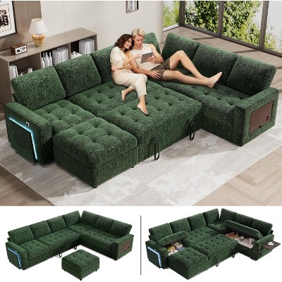 Vipbear 7-Seat Sectional Sleeper Sofa Bed with Pull Out Bed,Chenille L-Shaped Sleeper Couch with Ottoman/Adjustable Backrest/LED,Tool-Free Assembly
