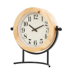 10"x10" Wood Clock with Curved Black Metal Stand and Ball Details Light Brown - Olivia & May: Analog Display, Pine Material, Adult Decor - 1 of 4