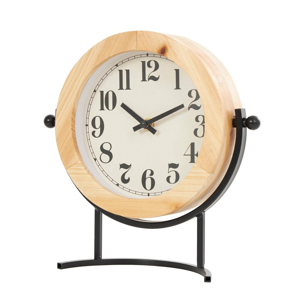 Photos - Wall Clock 10"x10" Wood Clock with Curved Black Metal Stand and Ball Details Light Br