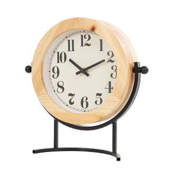 10"x10" Wood Clock with Curved Black Metal Stand and Ball Details Light Brown - Olivia & May