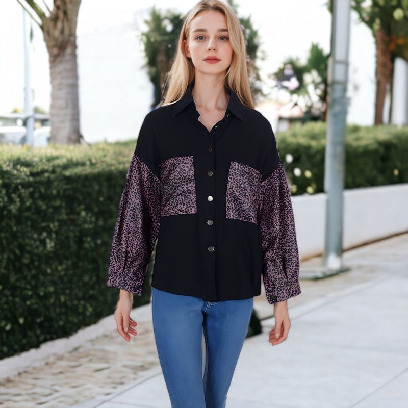 Anna-Kaci Women's Contrast Leopard Button Down Denim Shirts Long Sleeve Boyfriend Light Jacket with Two Pockets, 3 of 7