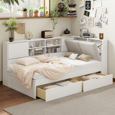 Merax Wooden L-Shaped Daybed with Upholstered Storage Headboard, USB Charging Ports & Storage Bookcase