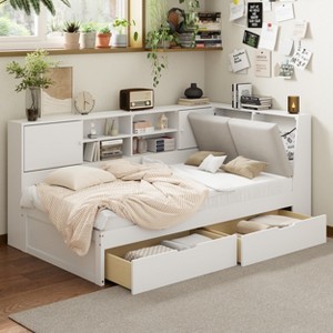 Merax Wooden L-Shaped Daybed with Upholstered Storage Headboard, USB Charging Ports & Storage Bookcase - 1 of 4