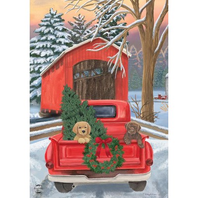 Winter Puppy Pickup Red Truck Christmas Garden Flag