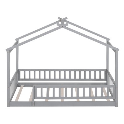 Bellemave Twin Size Montessori Floor Bed, Wood House Bed Frame, House Floor Bed for Kids, Montessori Floor Bed with Fence, Playhouse for Kids,  Gray