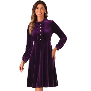 Allegra K Women's Velvet Mock Neck Button Front Ruffle Vintage Flared Dresses - 1 of 4