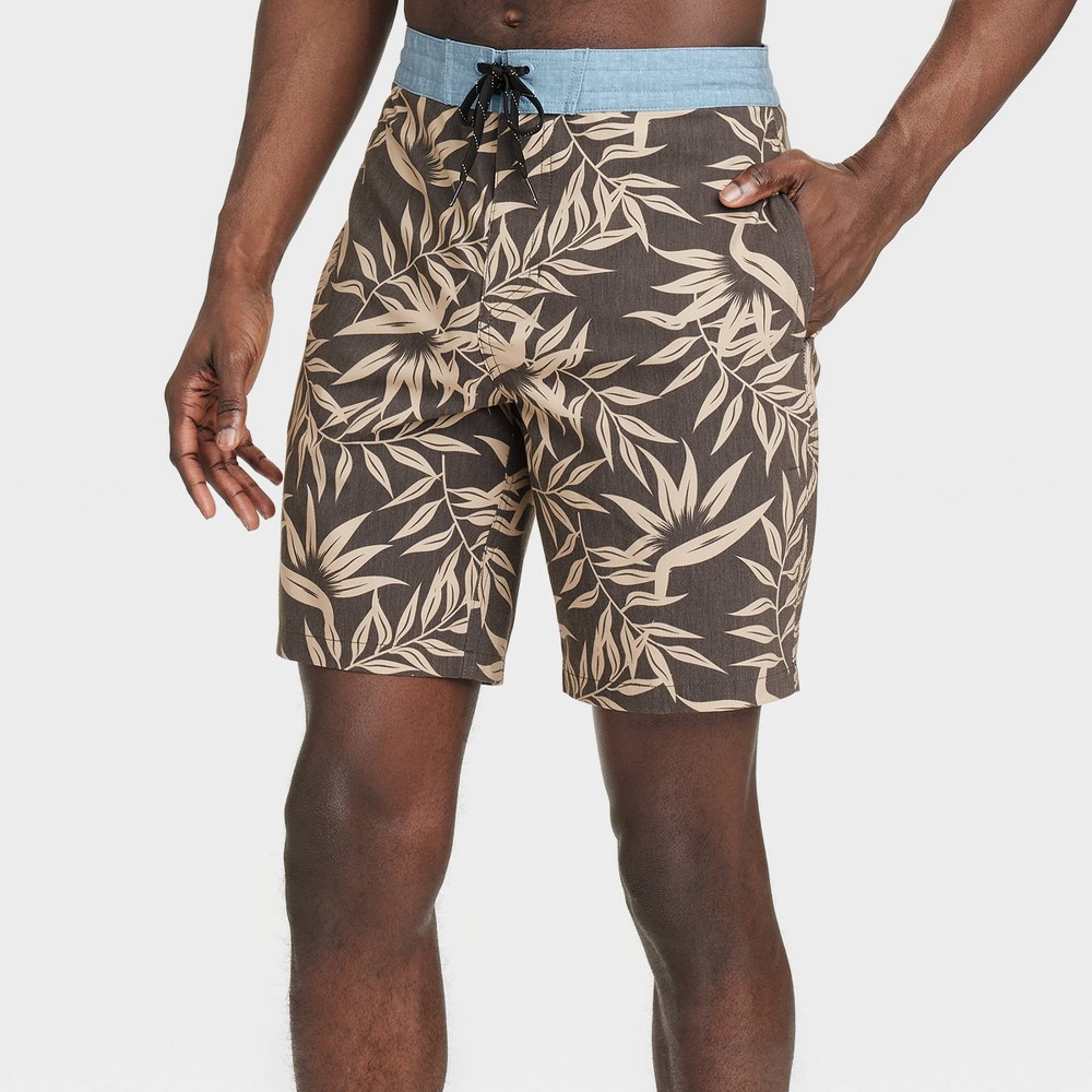 Photos - Swimwear Men's 8.5" Leaf Print Paradise Bloom Board Shorts - Goodfellow & Co™ Brown