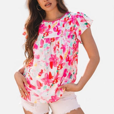 Amaryllis Women's Floral Ruffle Sleeve Top Lightweight Flowy Blouse Effortless Everyday