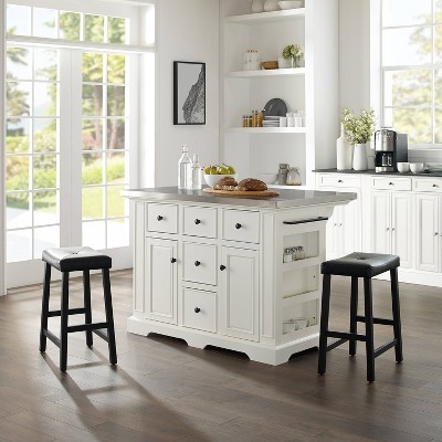 Julia White Stainless Steel Top Kitchen Island with Saddle Stools
