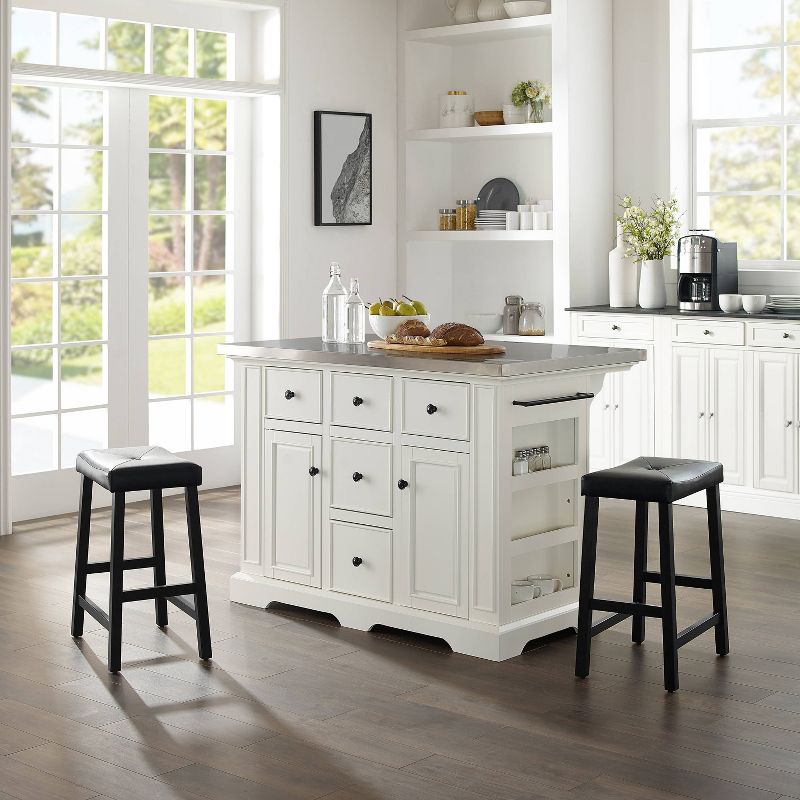 Julia Stainless Steel Top Kitchen Island with 2 Upholstered Saddle Counter Height Barstools White - Crosley, 3 of 14