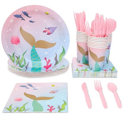 Juvale 144-Piece Serves 24 Disposable Mermaid Party Supplies - Disposable Plates, Cutlery, Cups & Napkins