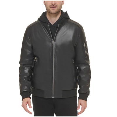 Calvin Klein Mens Faux Leather Rib Knit Trim Bomber Jacket