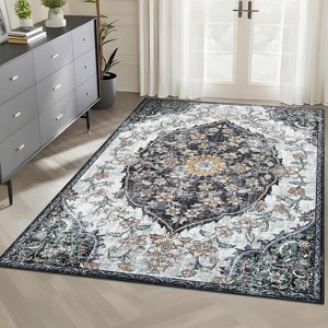Area Rug Washable Large Vintage Rugs Non Shedding Area Rug Living Room Rug Non Slip Boho Rug Low Pile Medal Vintage Floral Carpet - 1 of 4