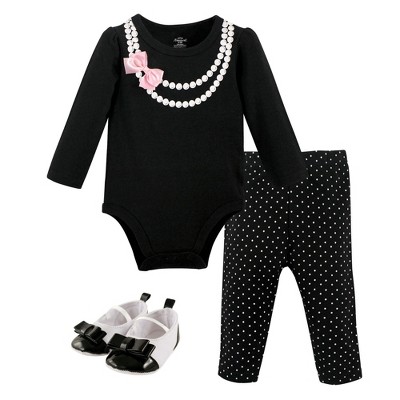 Little Treasure Baby Girls Cotton Bodysuit, Pant and Shoe 3pc Set, Pearls
