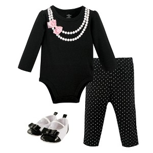 Little Treasure Baby Girls Cotton Bodysuit, Pant and Shoe 3pc Set, Pearls - 1 of 1