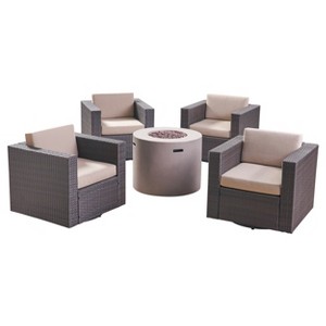 Christopher Knight Home Eli Outdoor Wicker 5 Piece Swivel Club Chair and Fire Pit Set with Cushions - 1 of 4