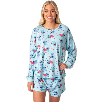 Disney Women s Stitch Hearts Long Sleeve And Shorts Pajama Set