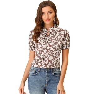 Allegra K Women's Ruffle Tie V-Neck Casual Smocked Short Sleeve Floral Top - 1 of 4