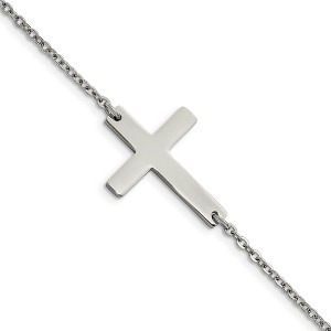 Black Bow Jewelry Polished Stainless Steel Sideways Cross Bracelet, 7.25 Inch - 1 of 4