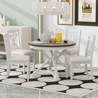 5 PCS Retro Dining Set, Extendable Round Table with Removable Leaf, Upholstered Chairs with Rubberwood Frame and Cushion-Coolbibila