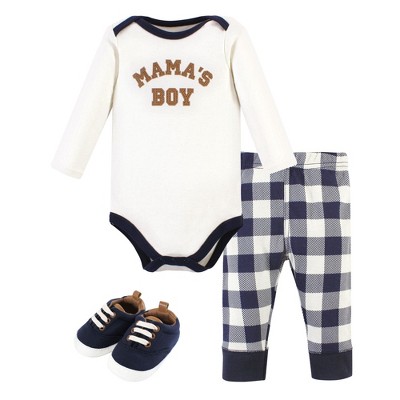 Image of Hudson Baby Infant Boy Cotton Long-Sleeve Bodysuit, Pant and Shoe Set, Brown Navy Mamas Boy, 6-9 Months