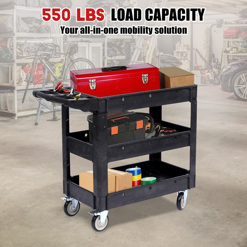 Utility Service Cart, 550LBS Heavy Duty PP Rolling Utility Cart with 360° Swivel Wheels, Large Shelf, Storage Handle, 2 of 6