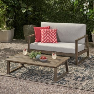 Christopher Knight Home Hazel Outdoor Acacia Wood Loveseat and Coffee Table Set with Cushions - 1 of 4