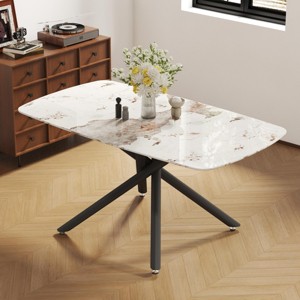 SEVOBAL Dining Tables 63" Modern White Marble Tempered Glass Dining Table with Black Metal Fork Legs Easy to Clean, Black, 63"*35.4"*30" - 1 of 4