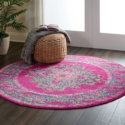 Bohemian Bliss Blue Floral Round Synthetic Easy-Care Rug, 5'3"