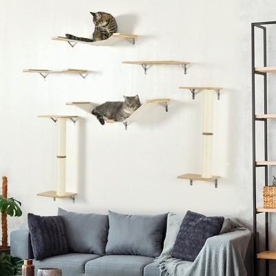 Natural Sisal and Wood Wall-Mounted Cat Climbing Playground