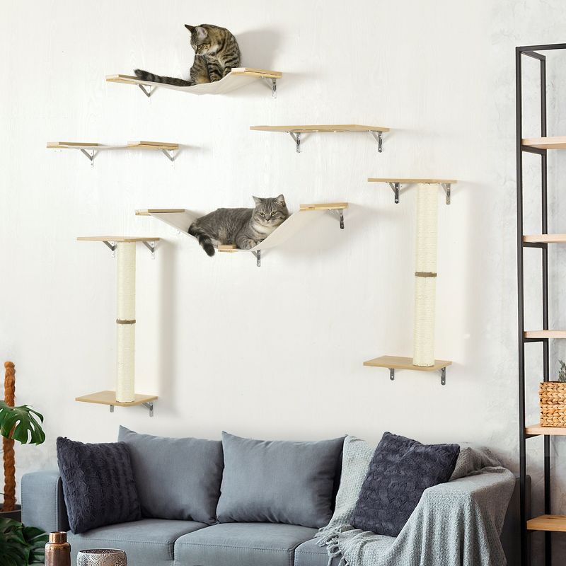 PawHut Unique Cat Tree Made From Cat Shelves with 8 Levels for More Height, Wall-Mounted Cat Tree Climbing Playground, Cat Hammocks, Modern Cat Tree, 2 of 7