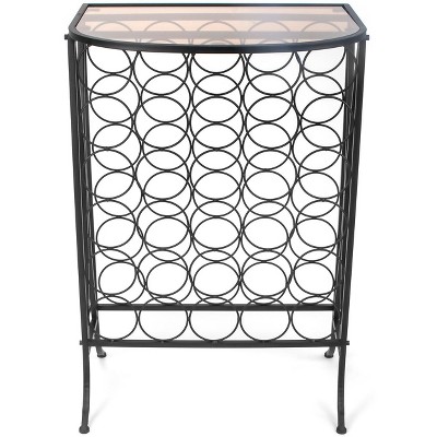 Black Metal Wine Rack Stand with Glass Tabletop for 30 Bottles