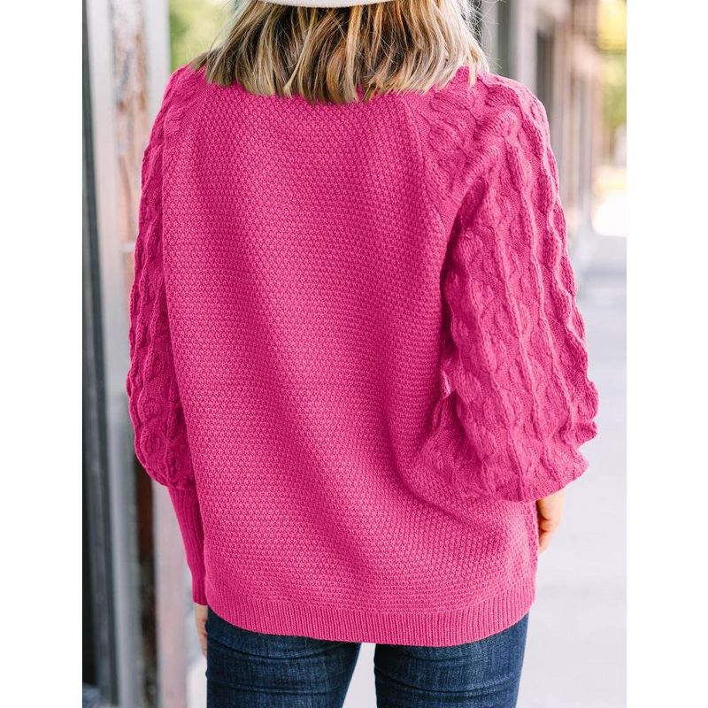 Womens Jersy Knit Chunky Sweaters with Puff Long Cuff Sleeve Comfy Pullover Sweater Crew Neck Jumper Solid Color Winter Sweater, 2 of 6