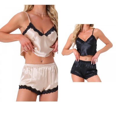 INSPIRE CHIC Women's 4 Pcs Loungewear Satin Lace Sleeveless Spaghetti-Strap Removable Pad Cami & Shorts Pajama Set